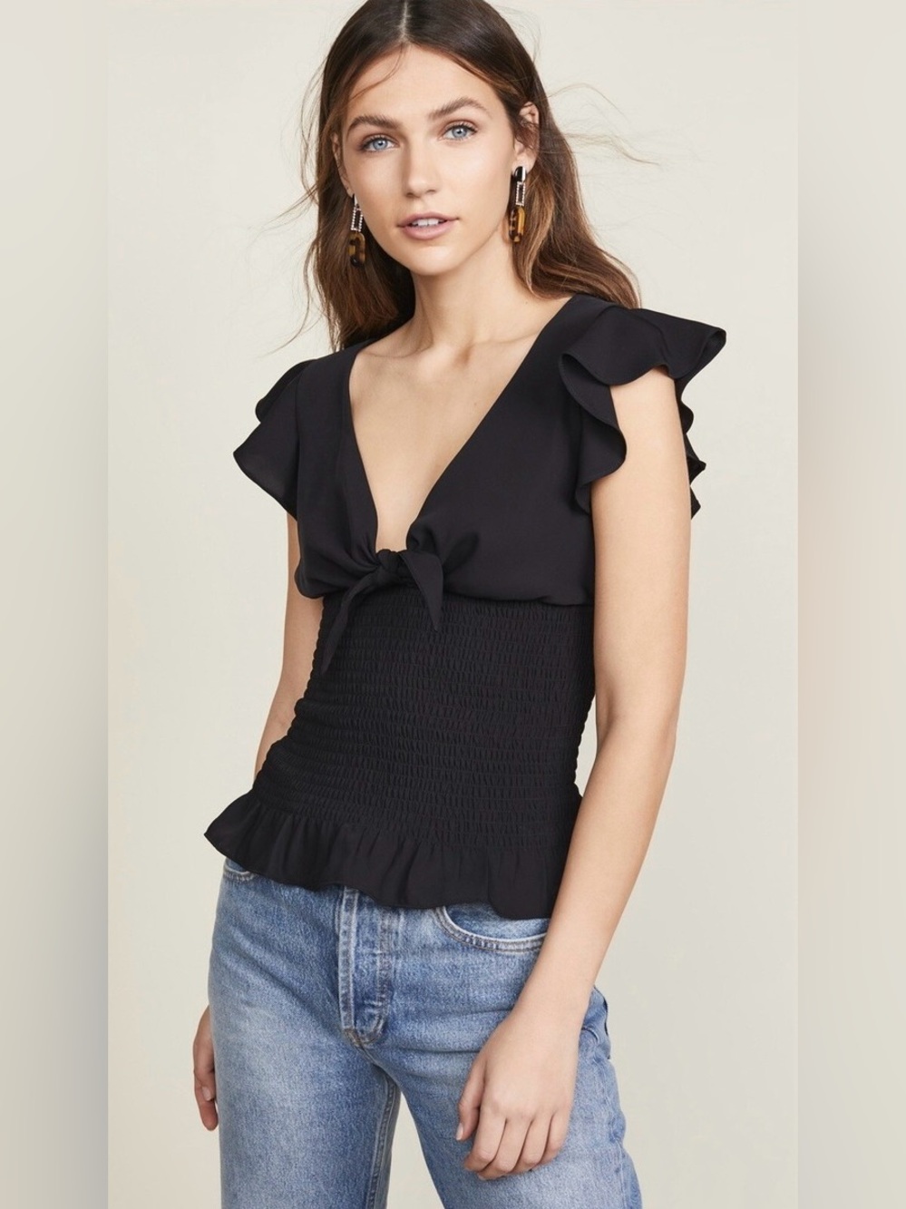 Amanda Uprichard Black Coquette V-Neck Tie-Front Ruffle Sleeve Top | S